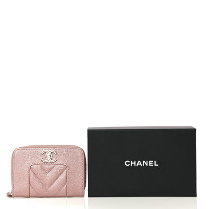 Chanel Metallic Caviar Chevron Quilted Vintage Mademoiselle Zip Coin Purse Pink 11 of 11