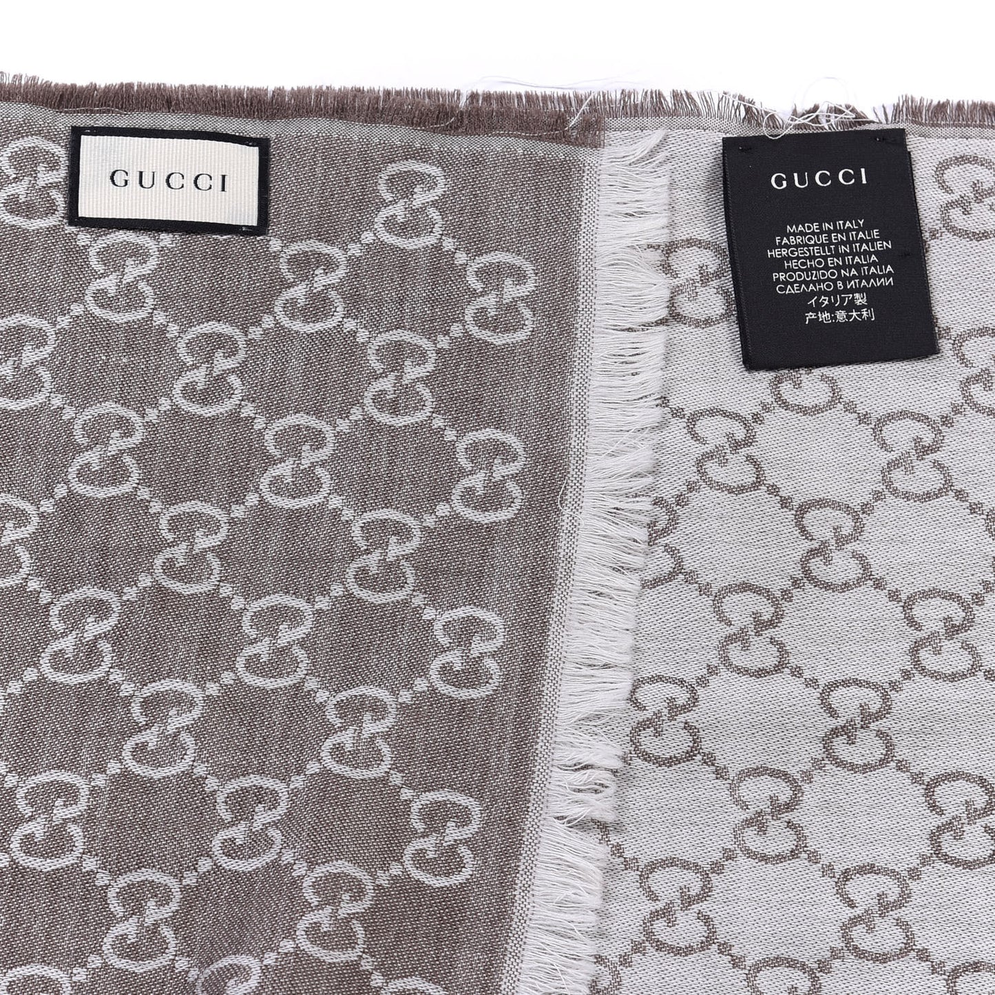 Wool Silk GG Monogram GGWeblong Fringe Scarf Shawl Pearl Medium Grey