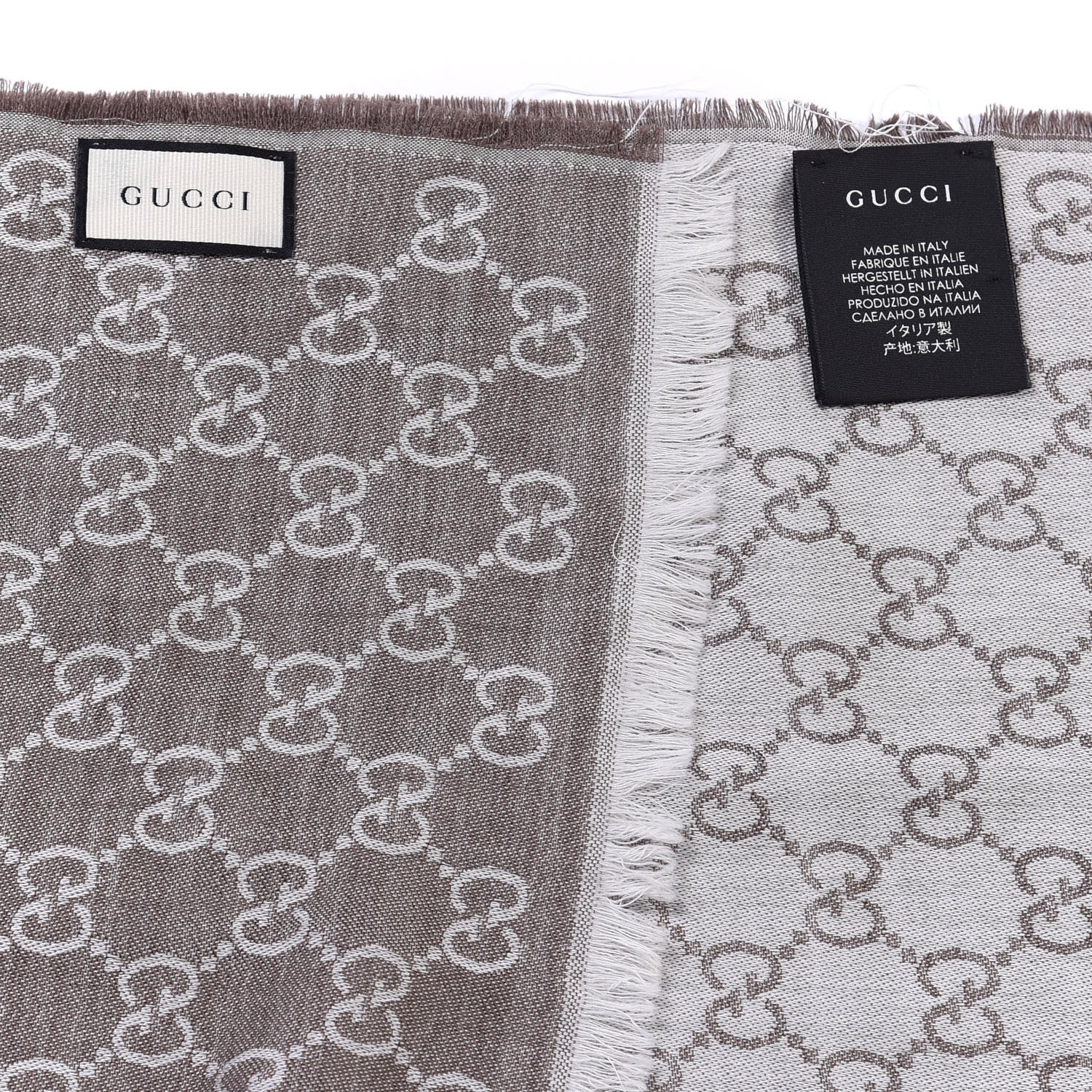 Gucci Wool Silk GG Monogram GGWeblong Fringe Scarf Shawl Pearl Medium Grey 3 of 4