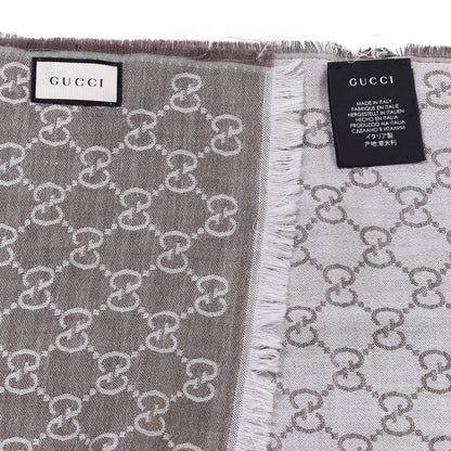 Gucci Wool Silk GG Monogram GGWeblong Fringe Scarf Shawl Pearl Medium Grey 3 of 4