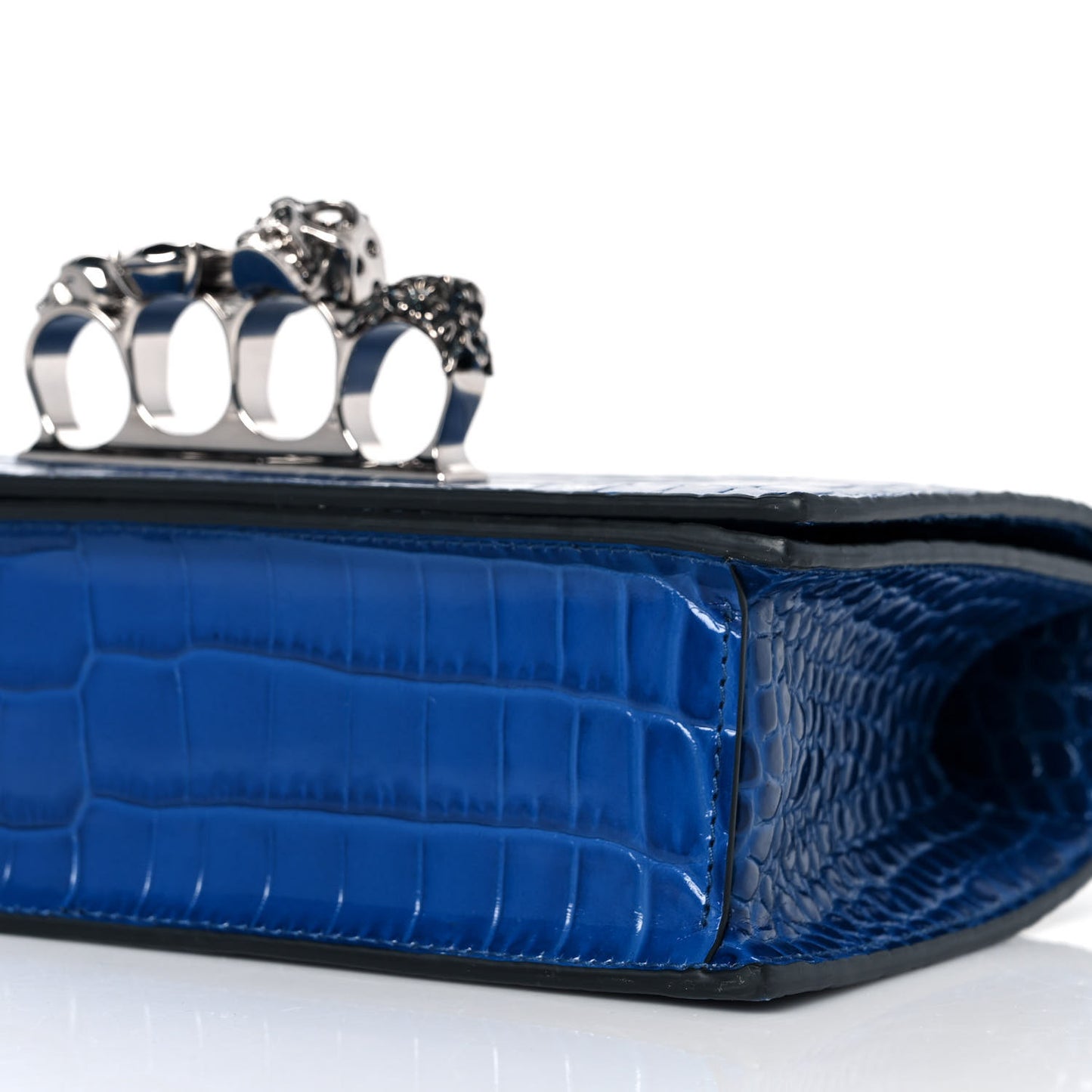 Shiny Crocodile Embossed Jeweled Satchel Industrial Blue