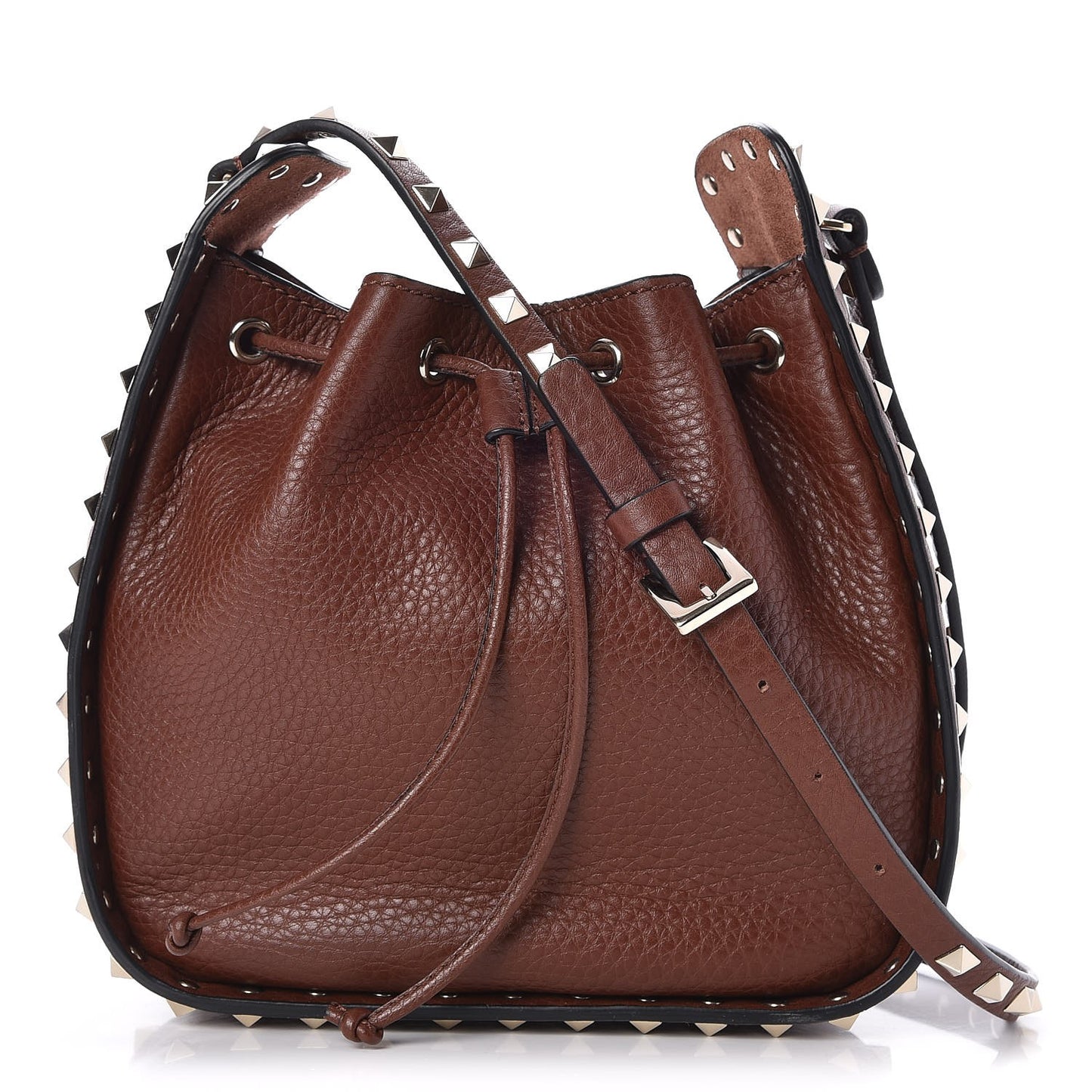 Grained Calfskin Rockstud Bucket Bag Light Brown