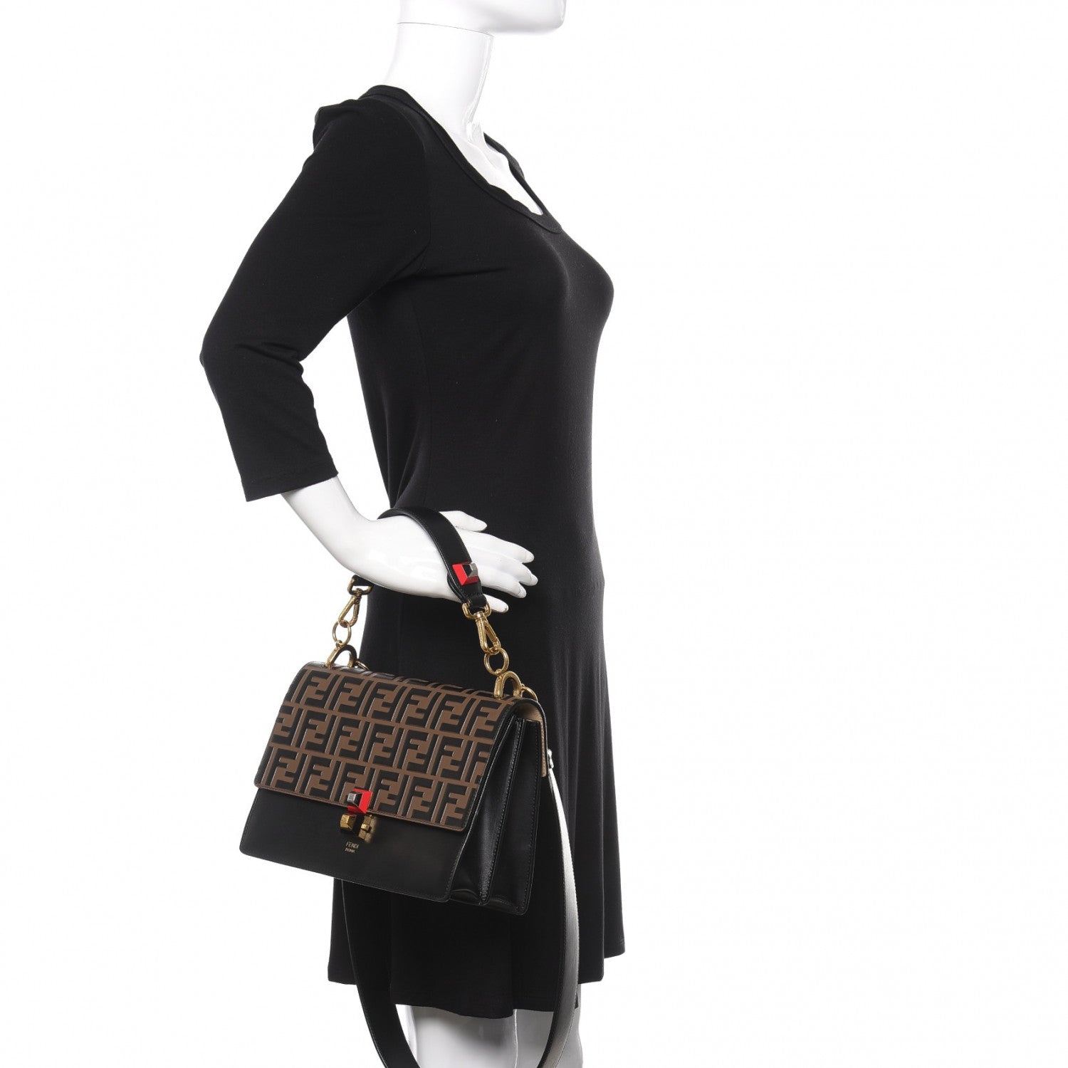 Fendi Vitello Liberty Bi-Color FF 1974 Embossed Kan I Shoulder Bag Black Maya 3 of 11