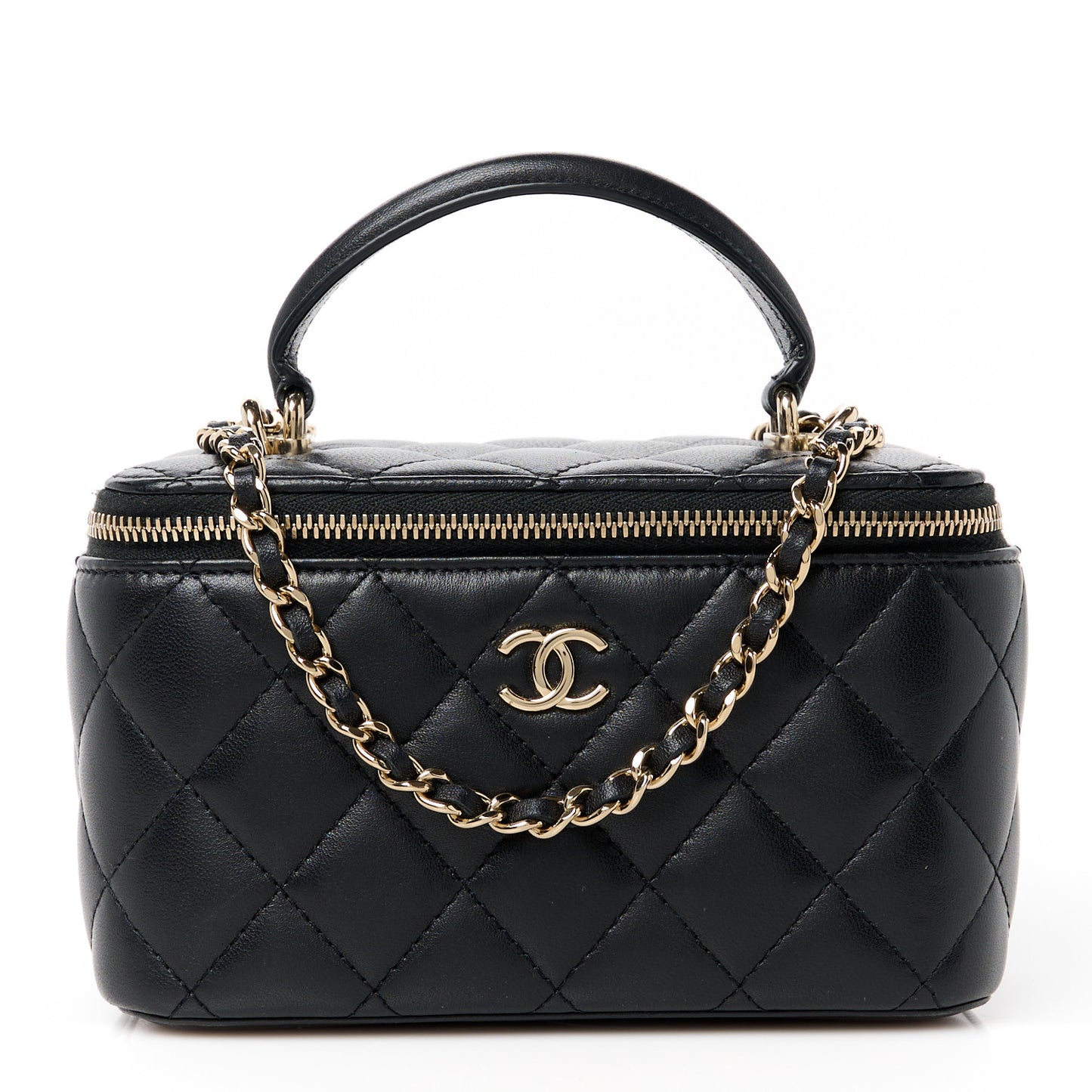 Lambskin Quilted Small Top Handle Vanity Case With Chain Black