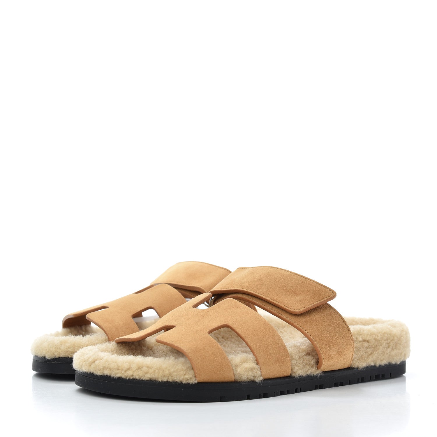 Hermes Suede Goatskin Woolskin Womens Chypre Sandals 37 Golden Beige 3 of 8