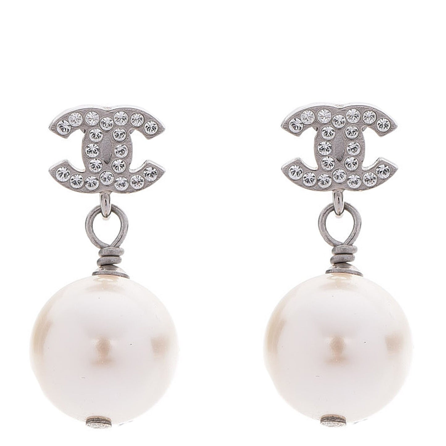 Crystal Pearl CC Drop Earrings Silver