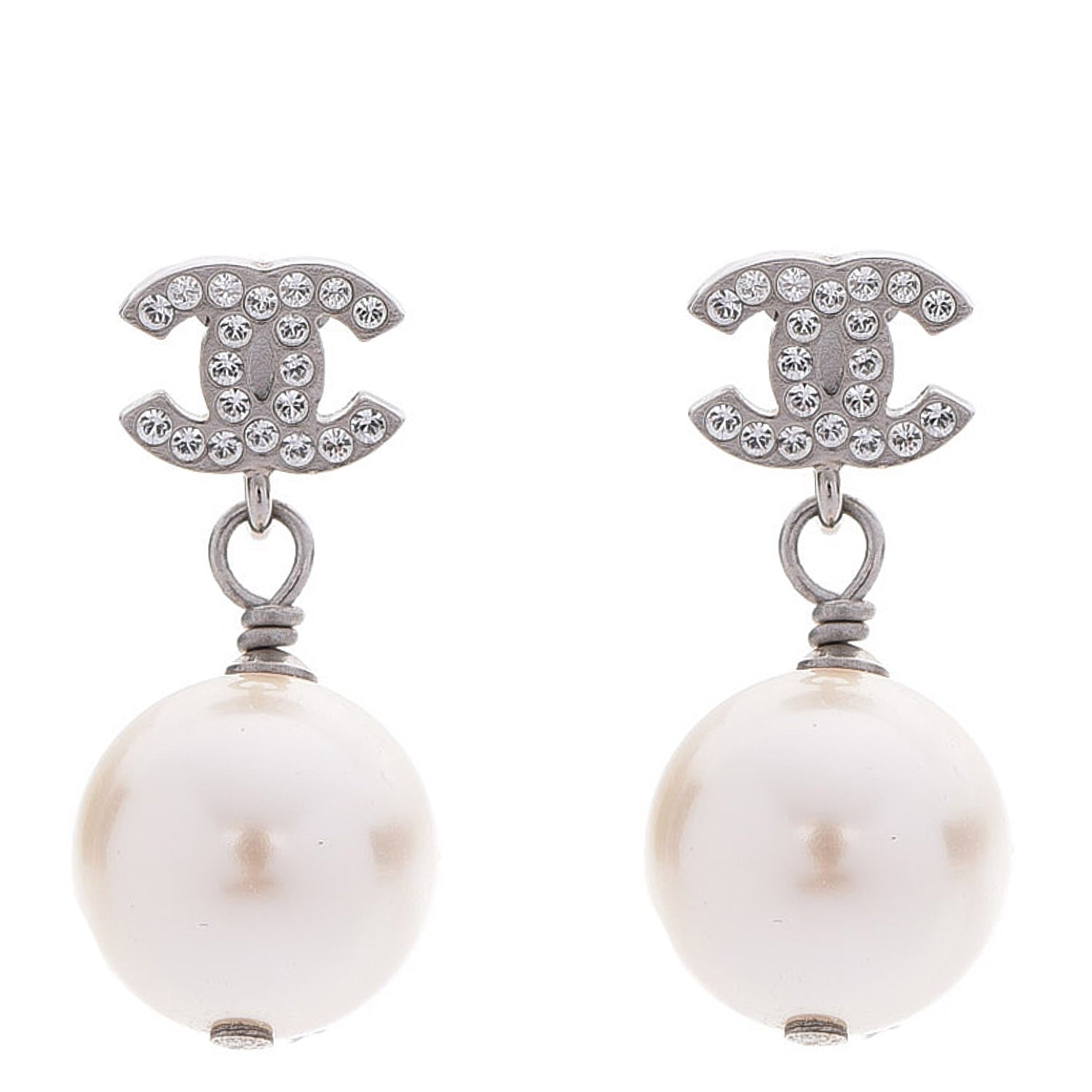 Chanel Crystal Pearl CC Drop Earrings Silver 1 of 5