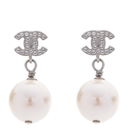 Chanel Crystal Pearl CC Drop Earrings Silver 1 of 5