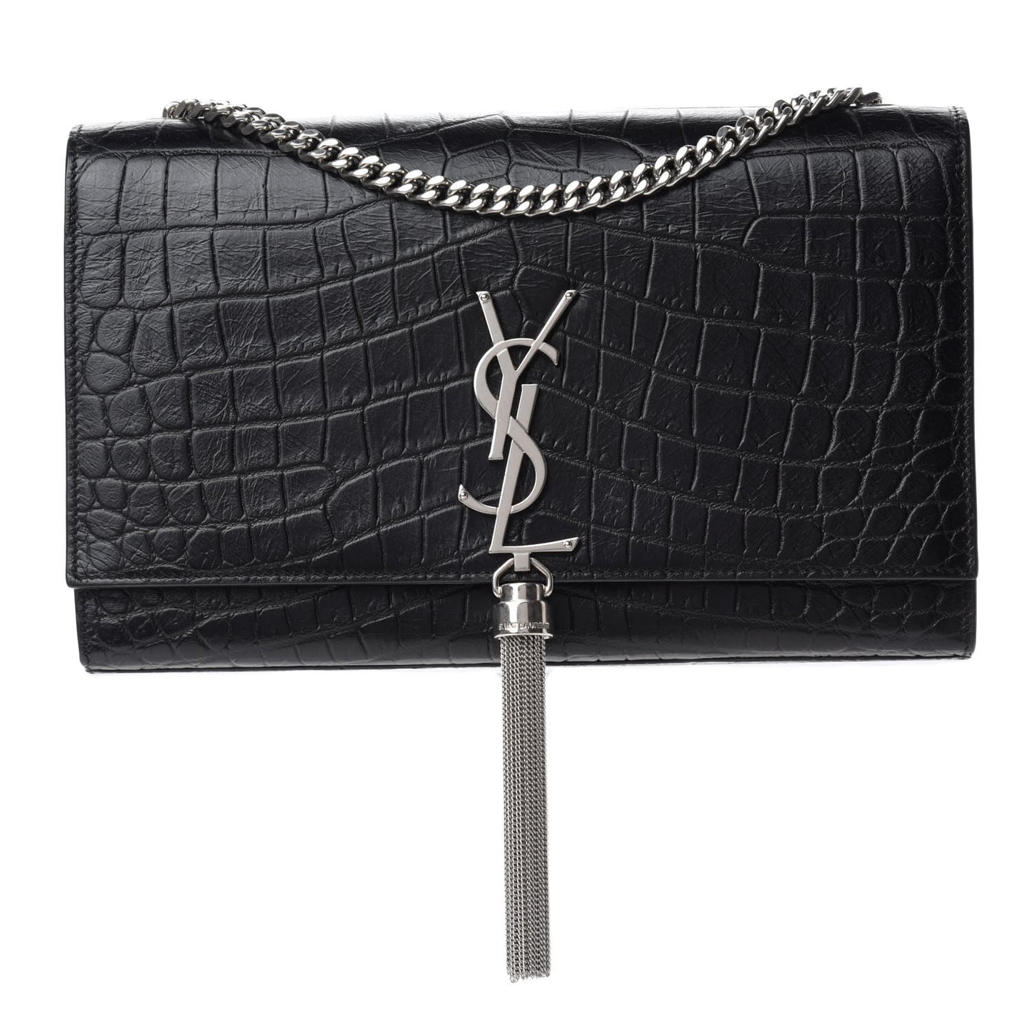 Calfskin Crocodile Embossed Medium Classic Monogram Kate Tassel Satchel Black