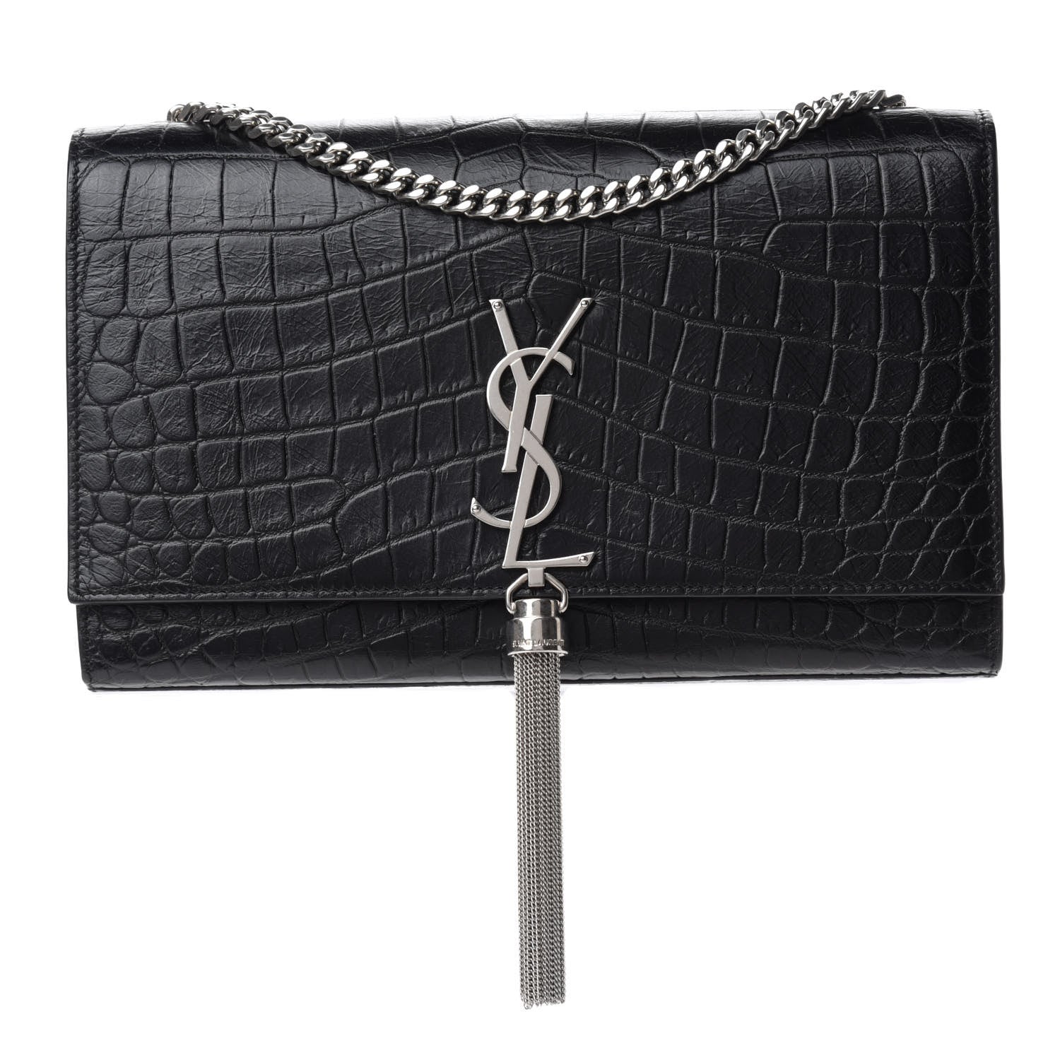 Saint Laurent Calfskin Crocodile Embossed Medium Classic Monogram Kate Tassel Satchel Black 1 of 10