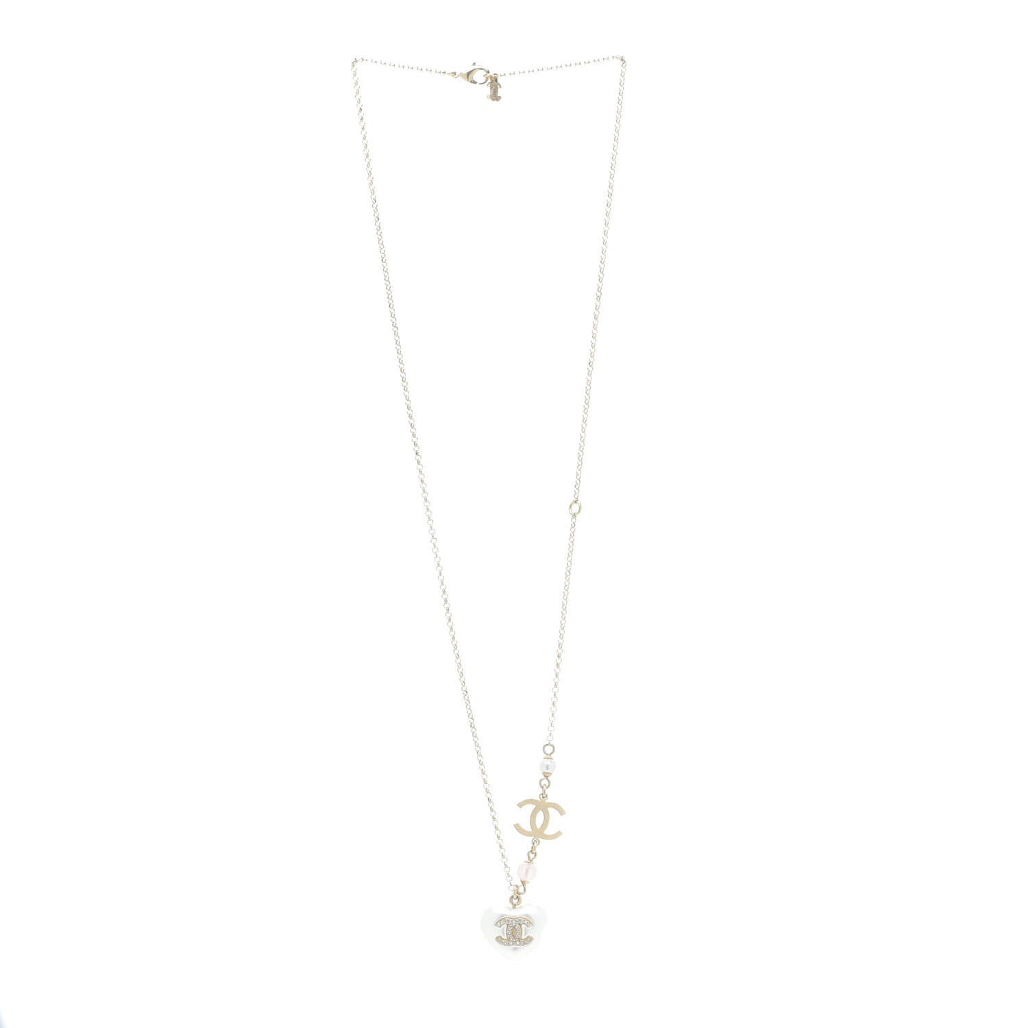 Chanel Resin Crystal CC Heart Necklace Pearly White Gold 3 of 5