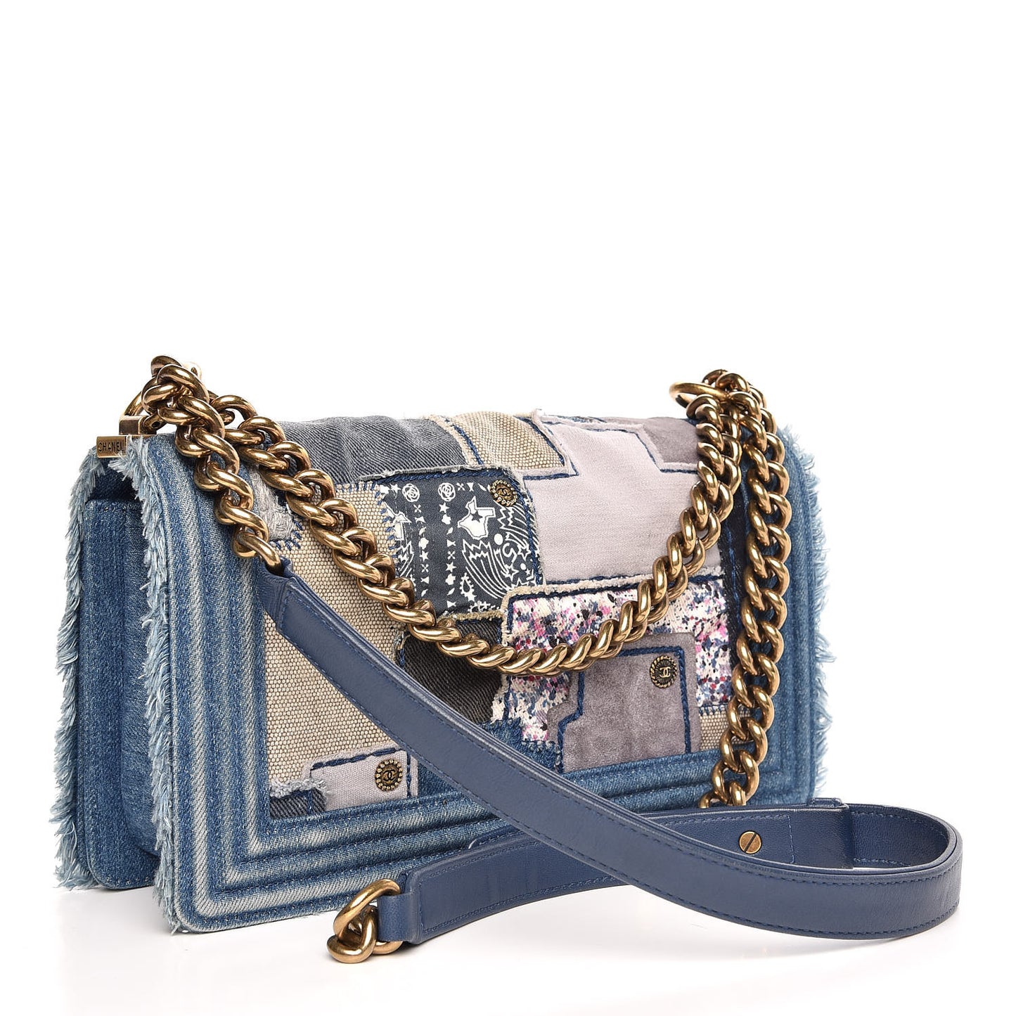 Denim Patchwork Medium Boy Flap Blue