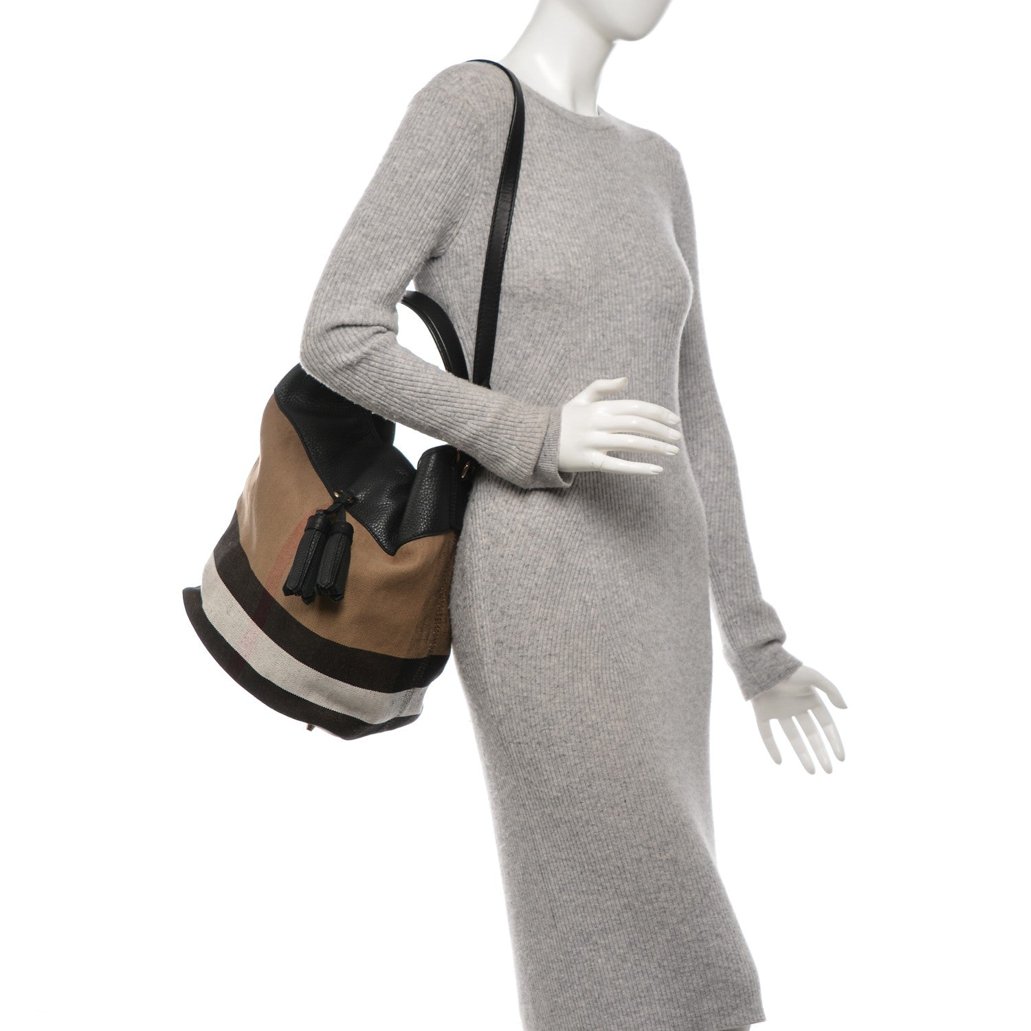 Burberry Grainy Calfskin Canvas Mega Check Medium Ashby Tassel Hobo Black 2 of 7
