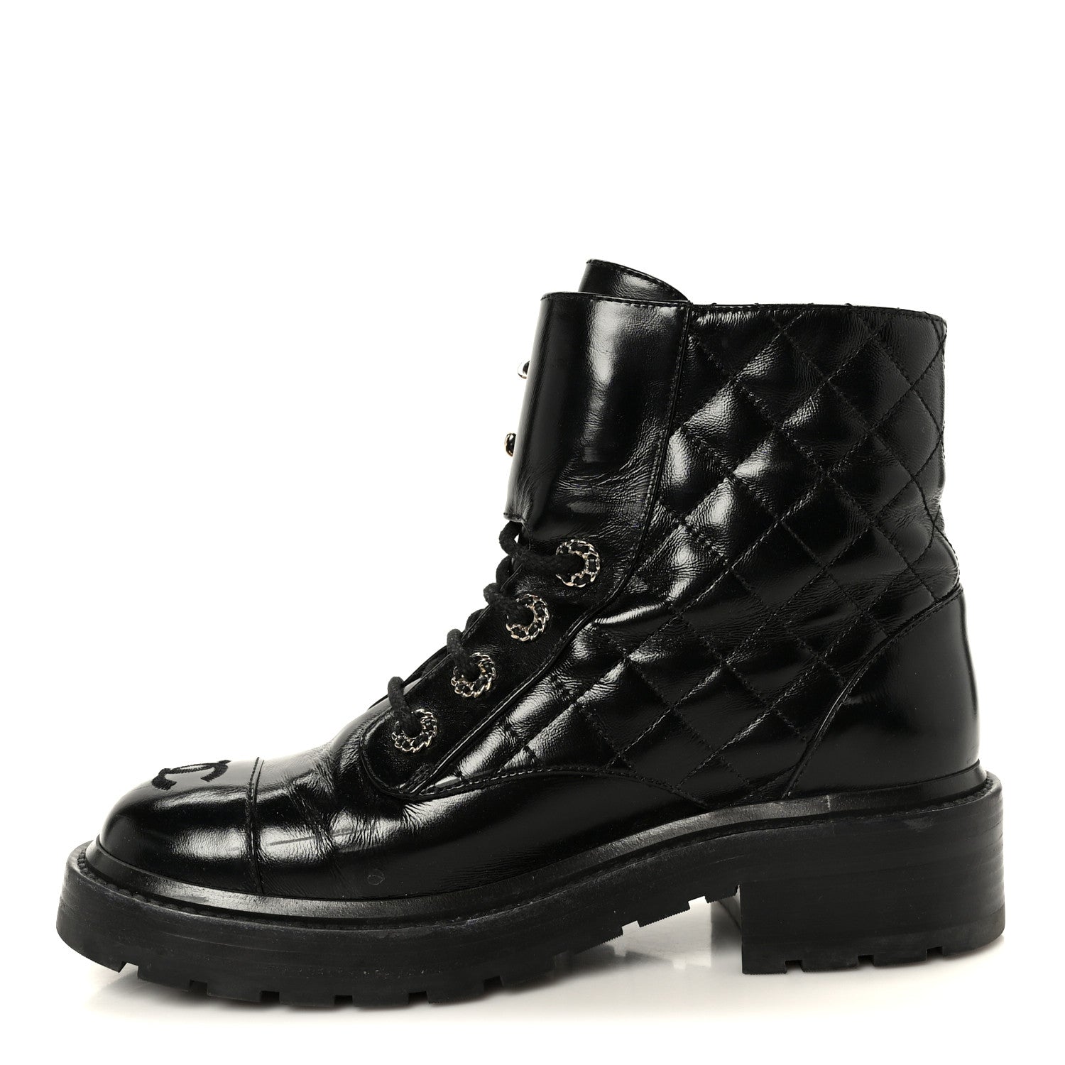 Chanel Shiny Calfskin Quilted Lace Up Combat Boots 37 Black 1 of 11