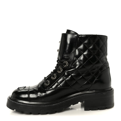 Chanel Shiny Calfskin Quilted Lace Up Combat Boots 37 Black 1 of 11