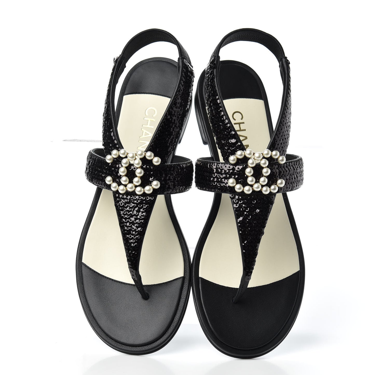 Lambskin Sequin Pearl CC Thong Sandals 38 Black