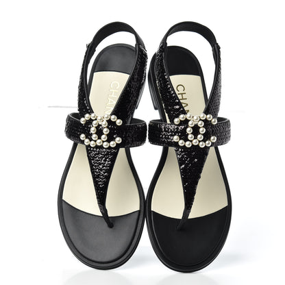 Chanel Lambskin Sequin Pearl CC Thong Sandals 38 Black 5 of 11