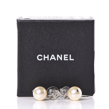 Chanel Crystal Pearl CC Drop Earrings Silver Pearly White 5 of 5