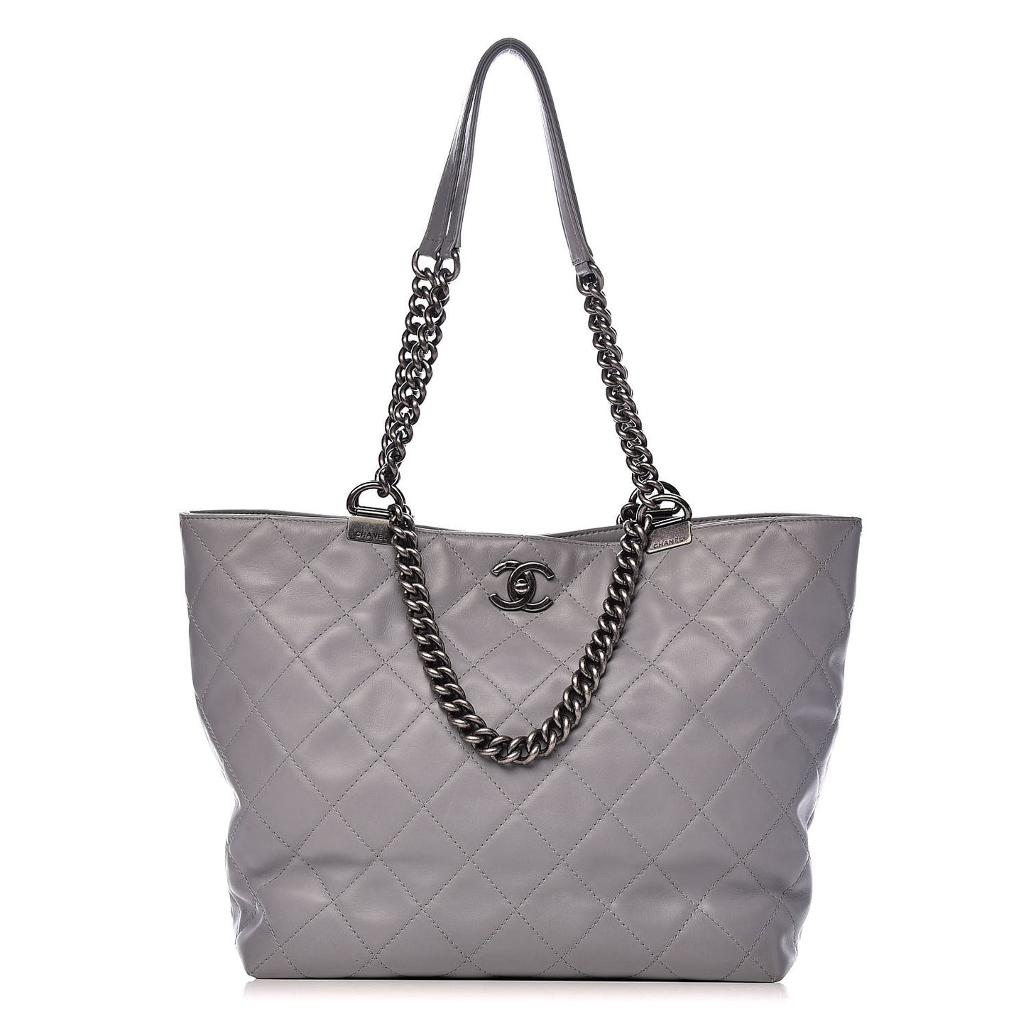 Calfskin Quilted Large Shopping In Chains Tote Light Grey
