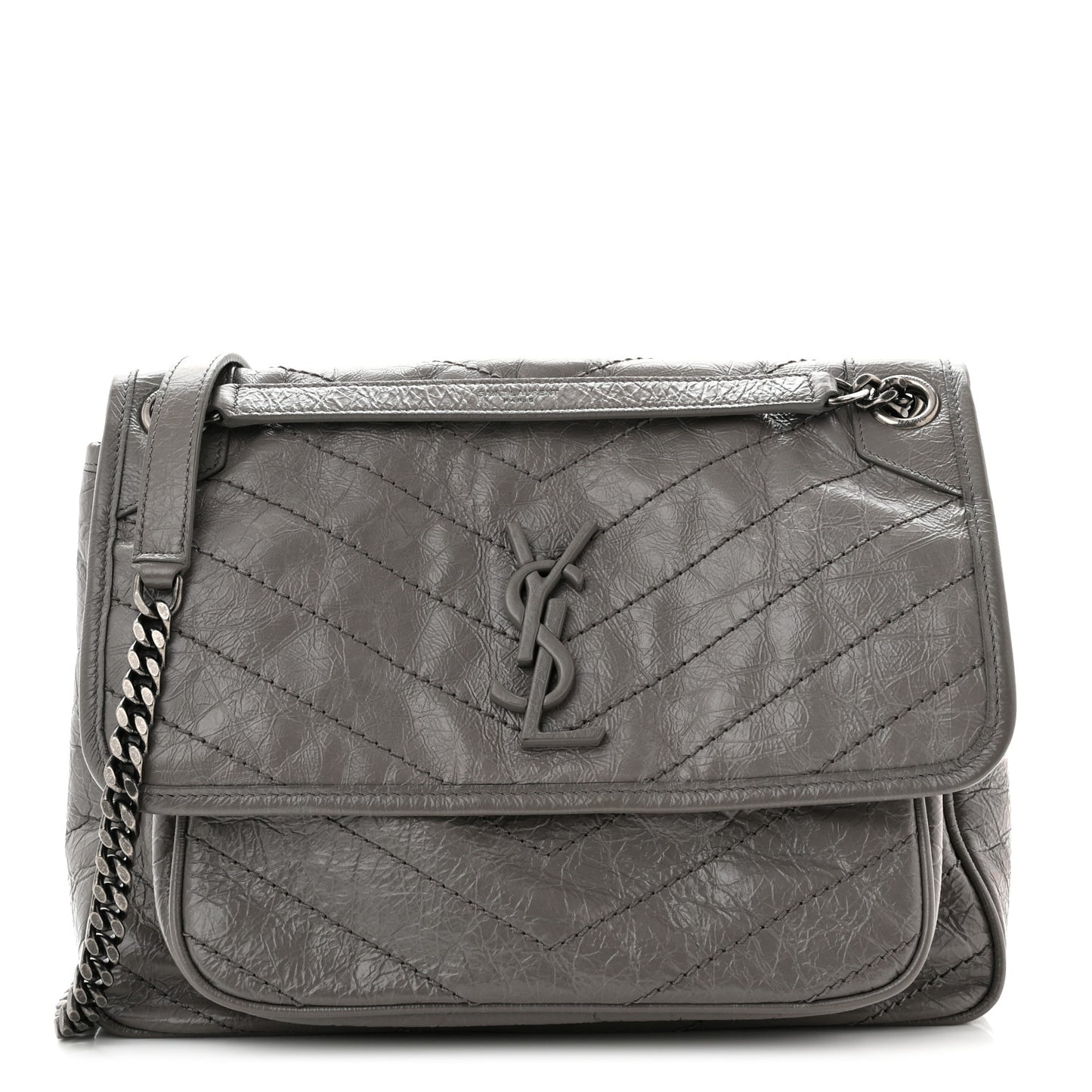 Crinkled Calfskin Matelasse Monogram Medium Niki Chain Satchel Fog