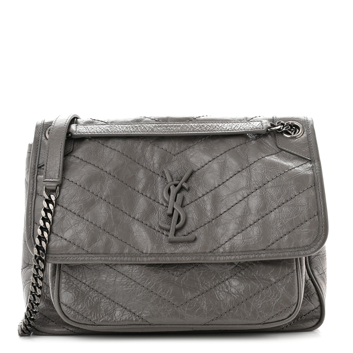 Saint Laurent Crinkled Calfskin Matelasse Monogram Medium Niki Chain Satchel Fog 1 of 9
