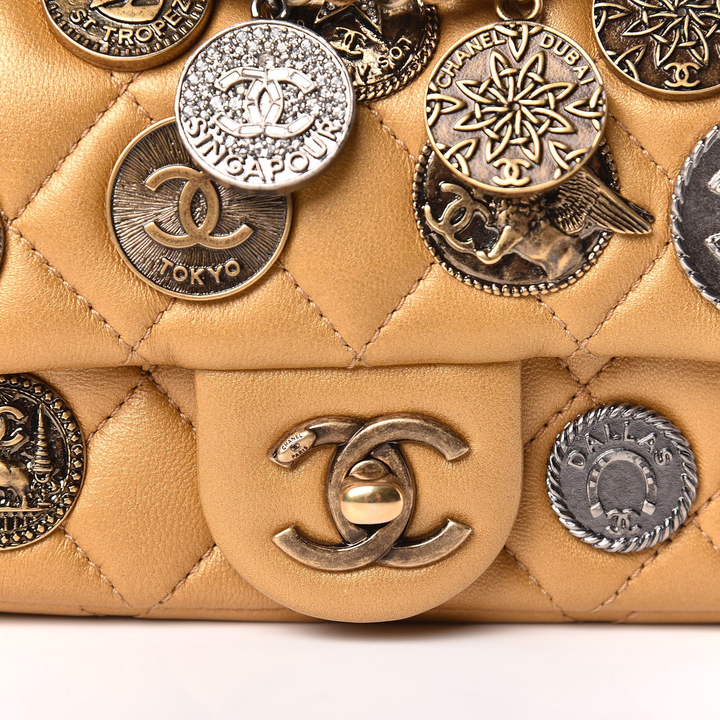 Metallic Lambskin Quilted Extra Mini Medallion Flap Gold
