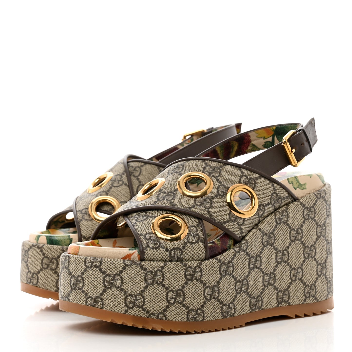 GG Supreme Monogram Eyelet Angelina Platform Wedge Sandals 36 Beige Ebony