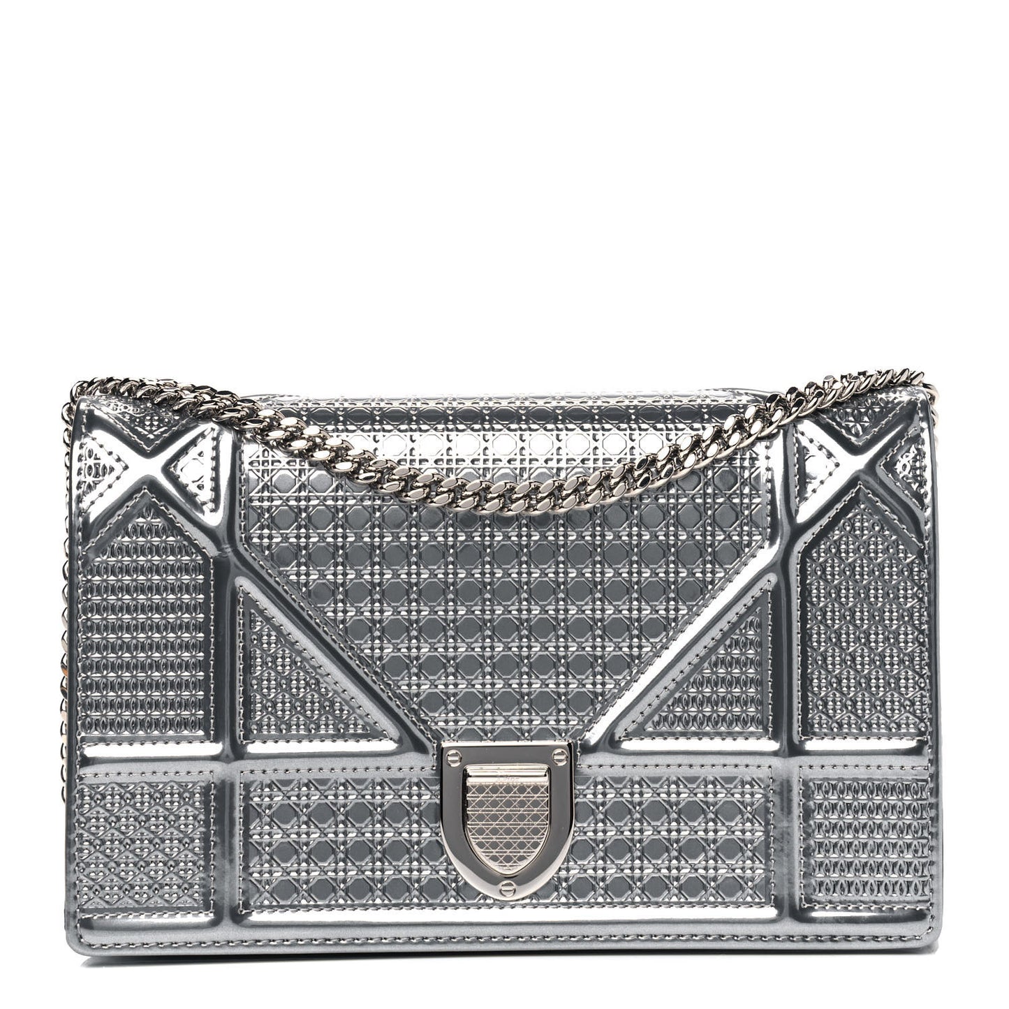 Metallic Patent Micro-Cannage Diorama Wallet on Chain Pouch Silver