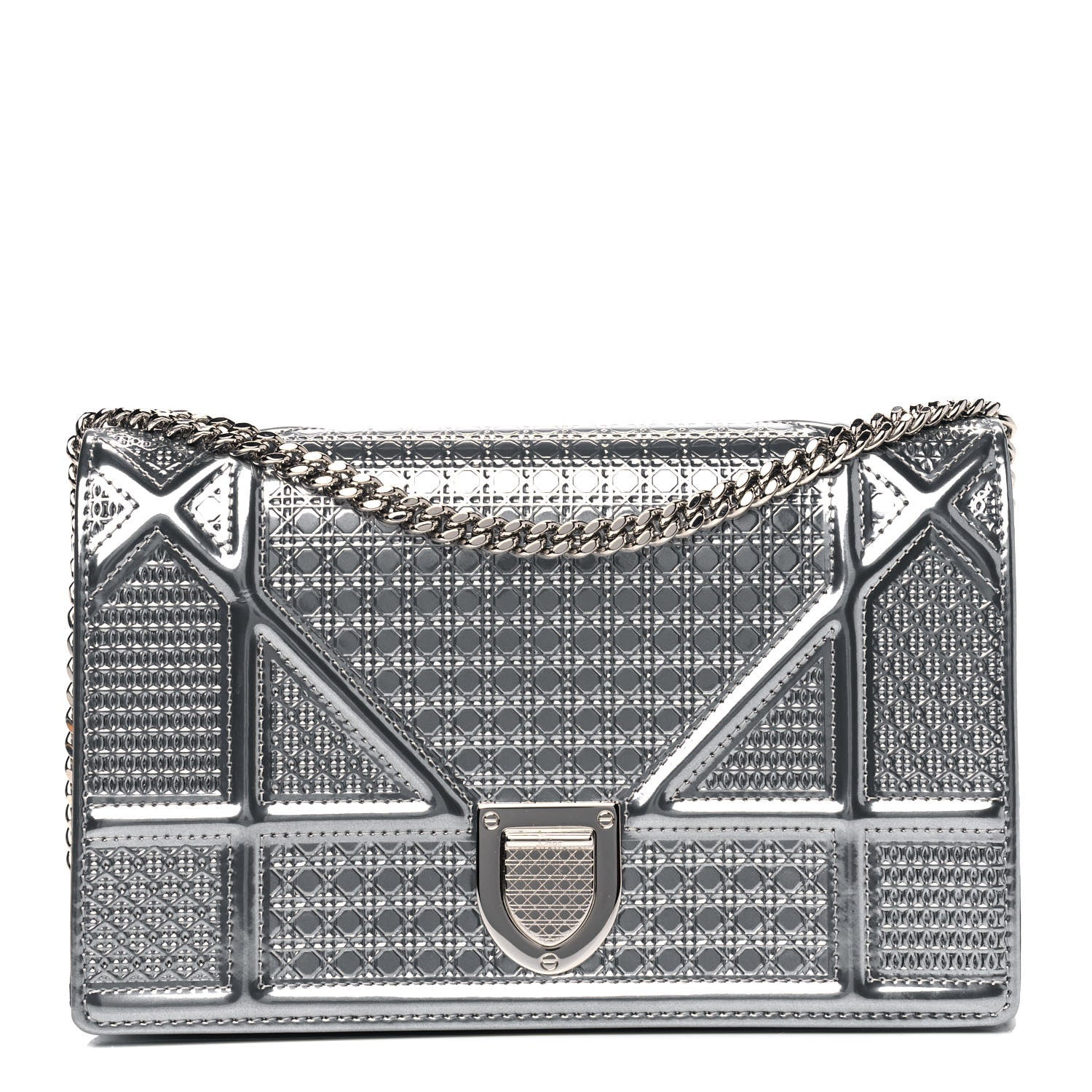 Christian Dior Metallic Patent Micro-Cannage Diorama Wallet on Chain Pouch Silver 1 of 6