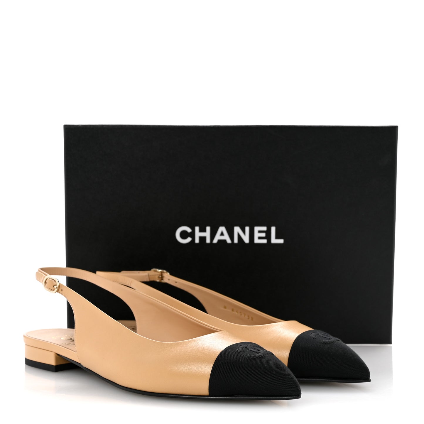 Goatskin Grosgrain Pointed Toe CC Slingback Flats 39.5 Beige Black