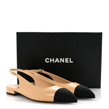 Chanel Goatskin Grosgrain Pointed Toe CC Slingback Flats 39.5 Beige Black 10 of 10