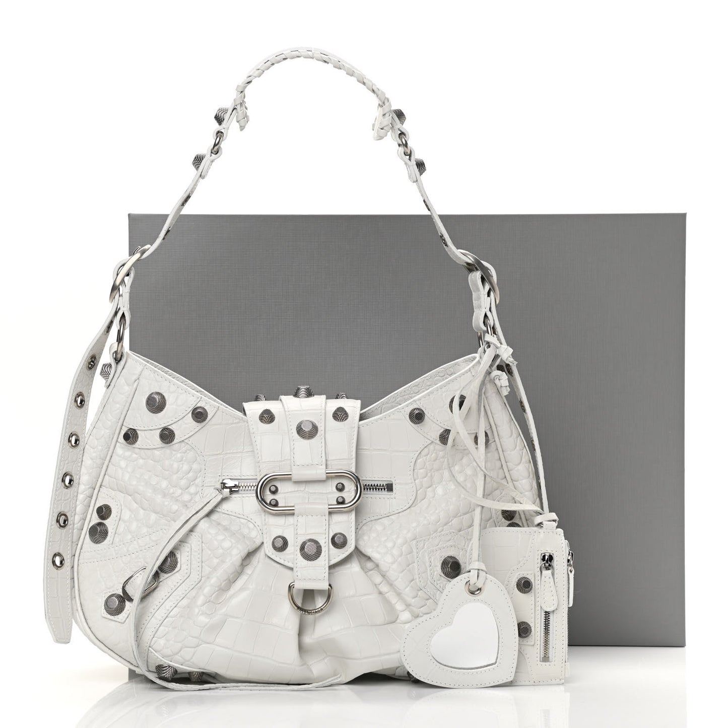 Extra Supple Calfskin Crocodile Embossed Medium Le Cagole Shoulder Bag White