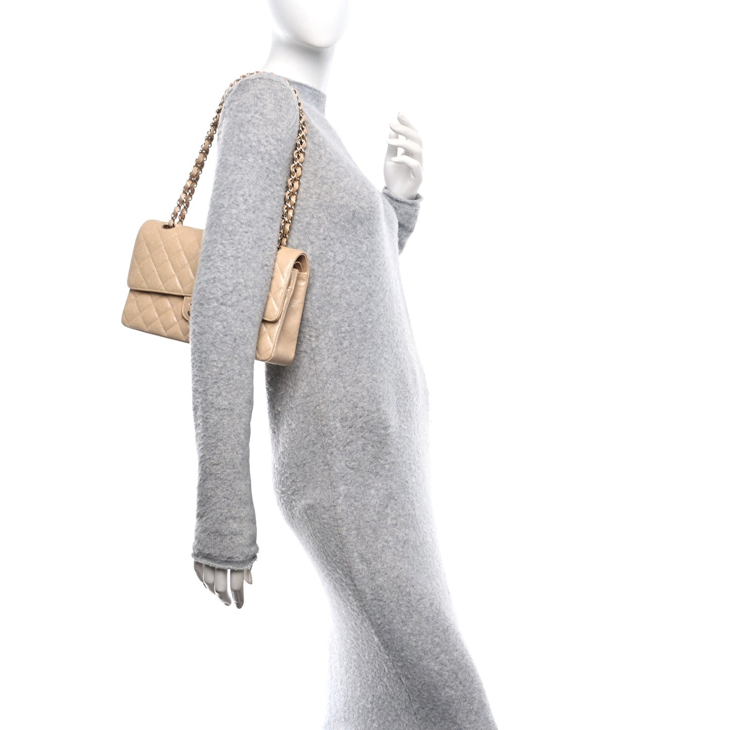 Iridescent Caviar Quilted Medium Double Flap Beige