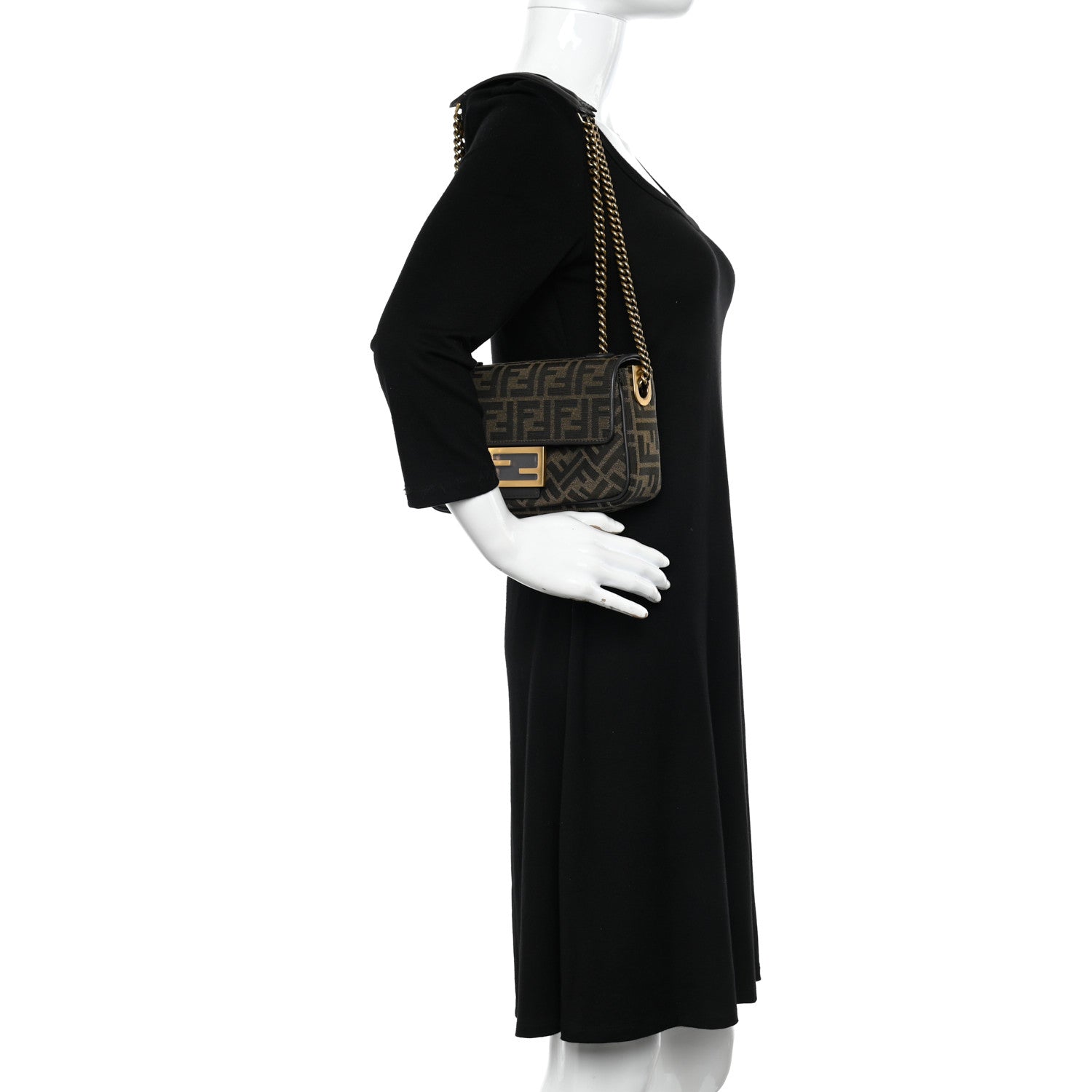 Fendi Fabric Jacquard FF 1974 Midi Chain Baguette Tobacco Moro 2 of 10