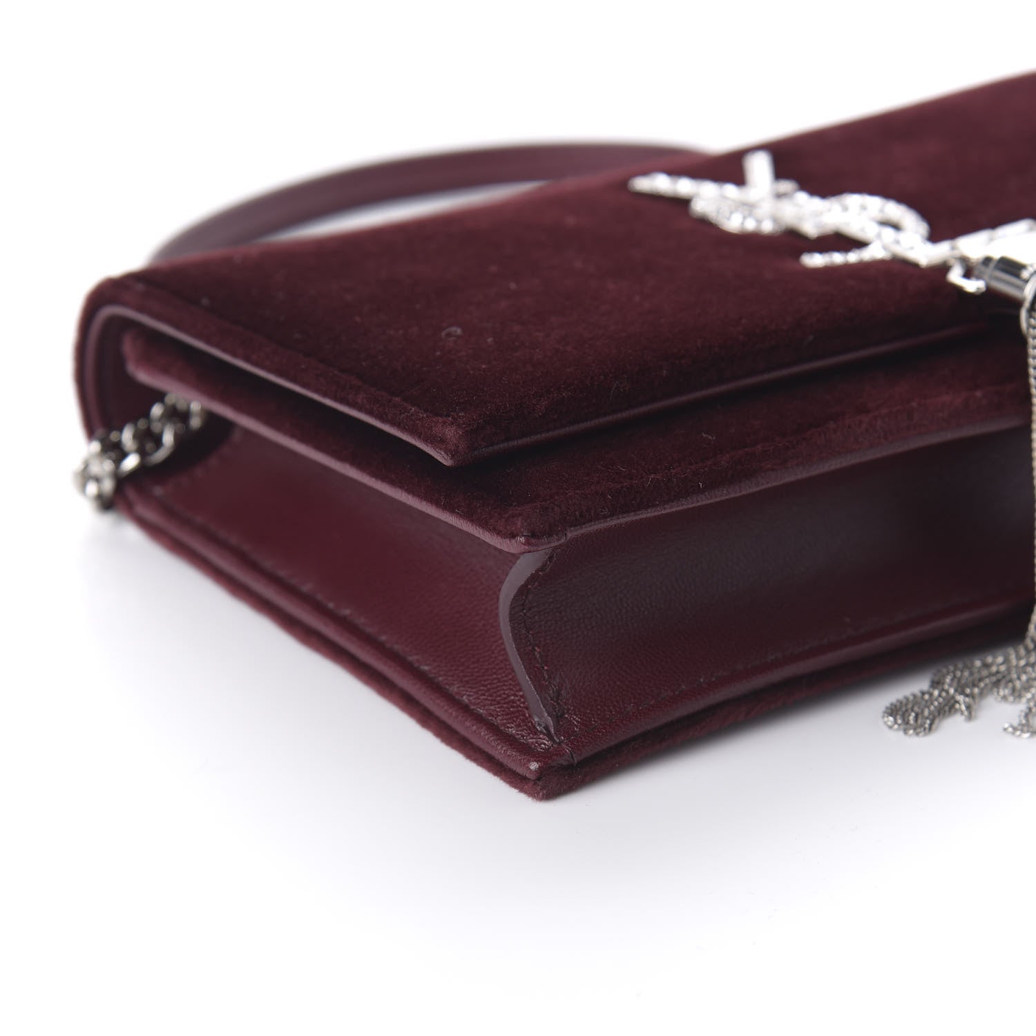 Saint Laurent Velvet Crystal Monogram Kate Tassel Shoulder Bag Burgundy 6 of 9