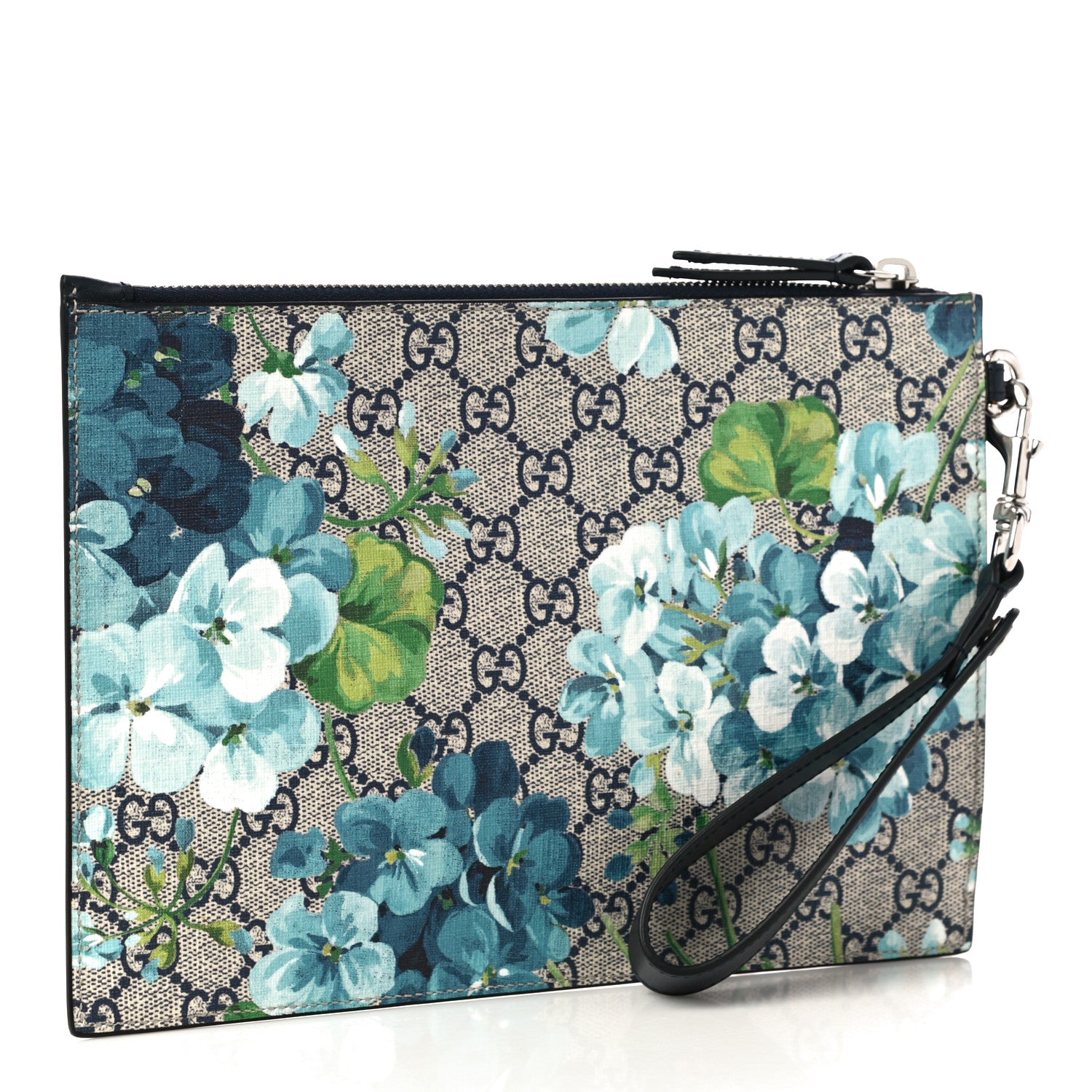 Gucci GG Supreme Monogram Blooms Small Zip Wristlet Pouch Beige Blue Black 3 of 9