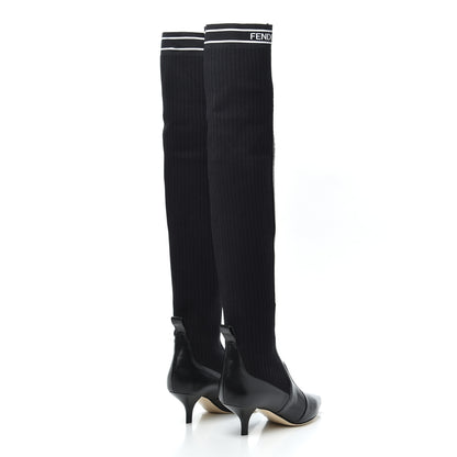 Fendi Vitello Lucido Stretch Fabric Logo Rockoko Thigh High Sock Boots 37 Black White 5 of 10