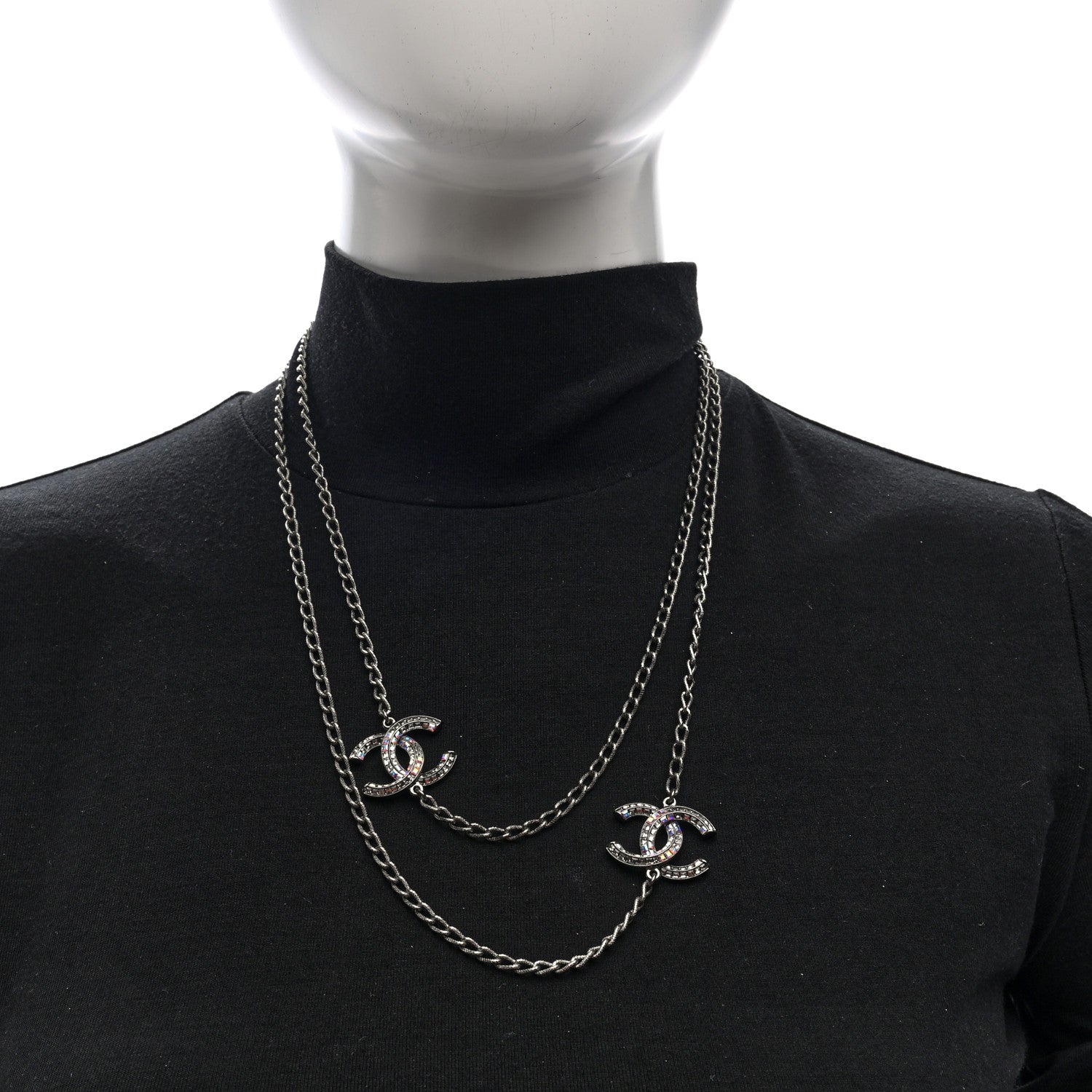 Chanel Crystal Baguette CC Double Strand Necklace Silver 2 of 4