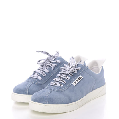 Chanel Suede Calfskin Sneakers 37.5 Light Blue 3 of 9