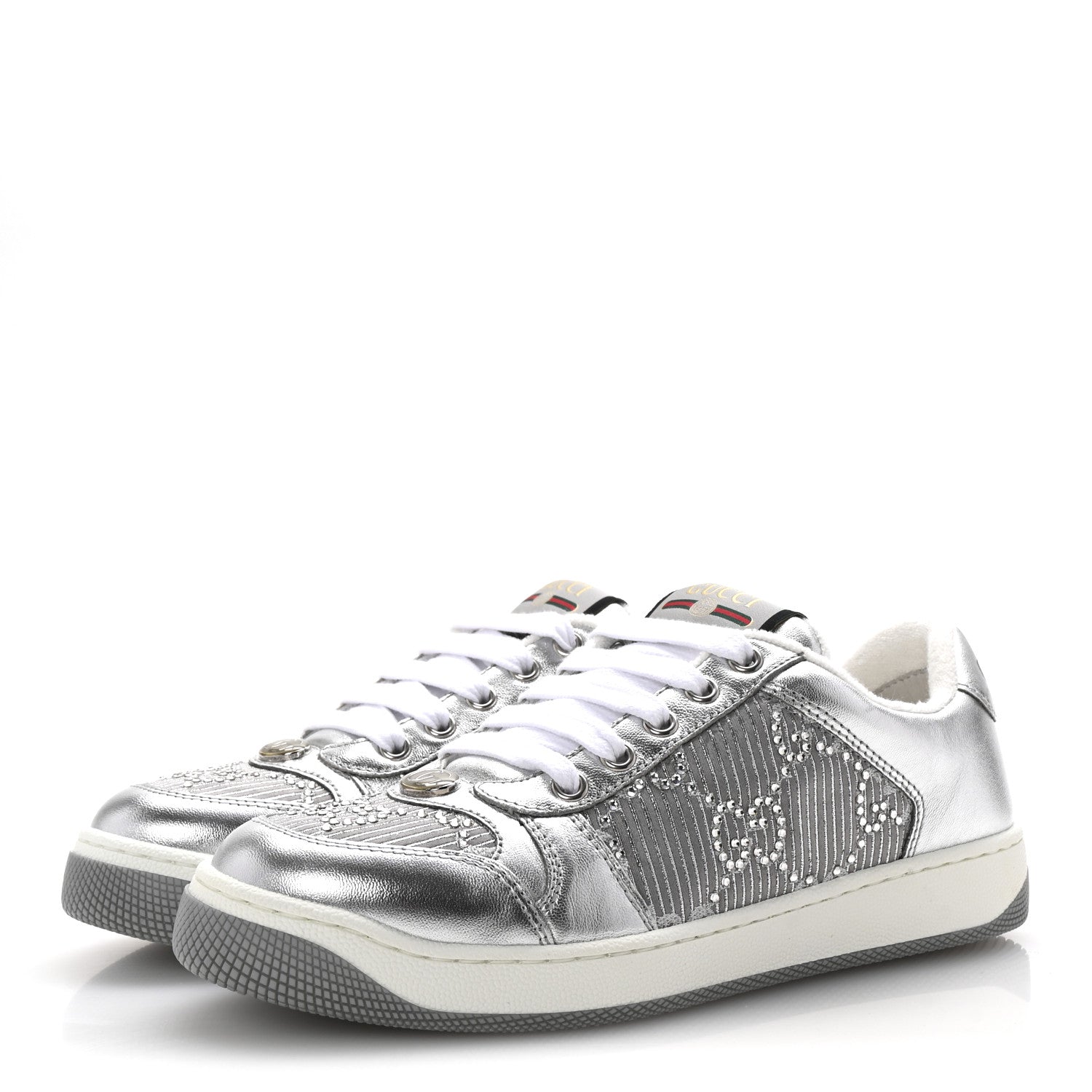 Gucci Metallic Nappa Silk Crystals Womens Screener Sneakers 36.5 Silver Light Grey 4 of 11