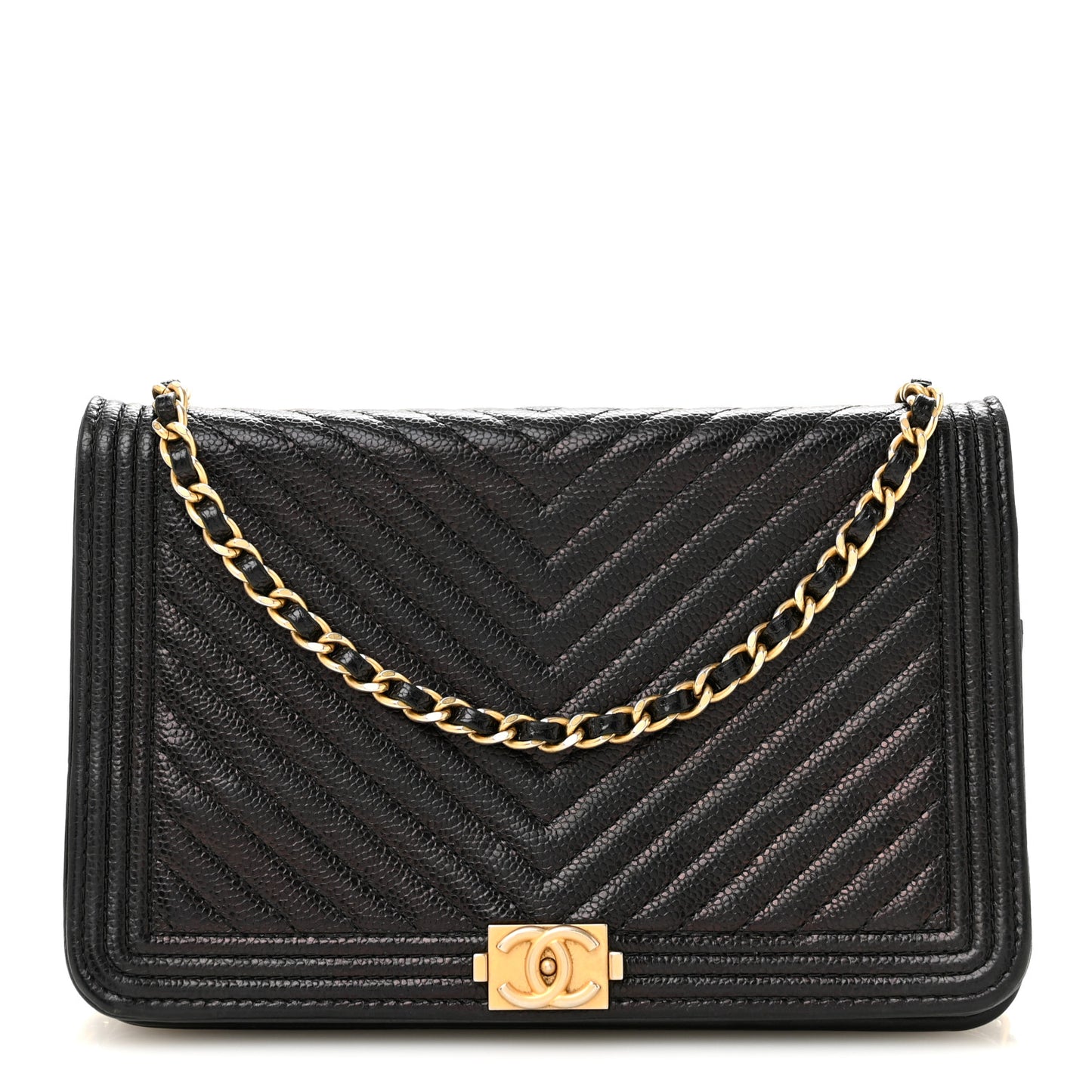 Caviar Chevron Quilted Boy Wallet On Chain WOC Black