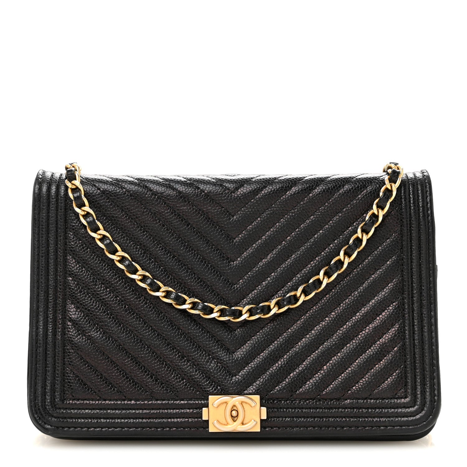 Chanel Caviar Chevron Quilted Boy Wallet On Chain WOC Black 1 of 14
