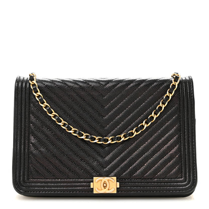 Chanel Caviar Chevron Quilted Boy Wallet On Chain WOC Black 1 of 14