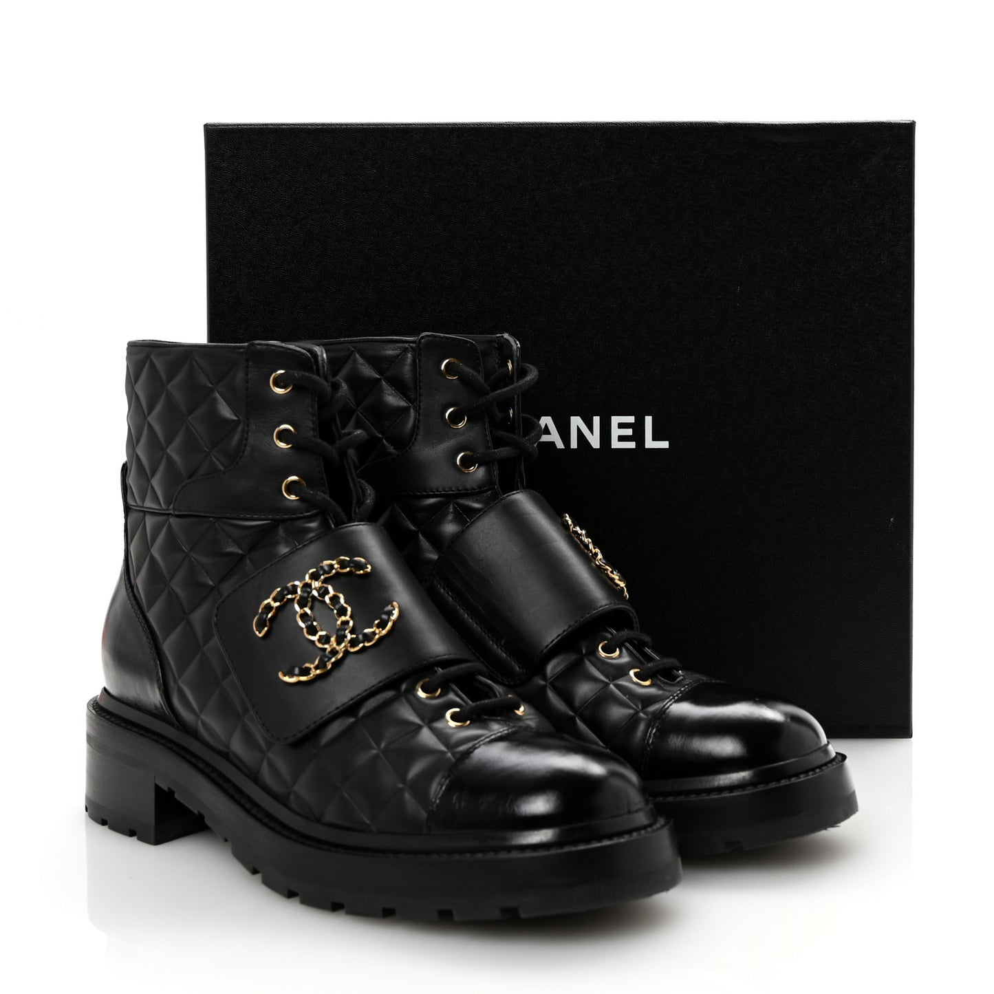 Shiny Calfskin Quilted Lace Up Combat Boots 40.5 Black