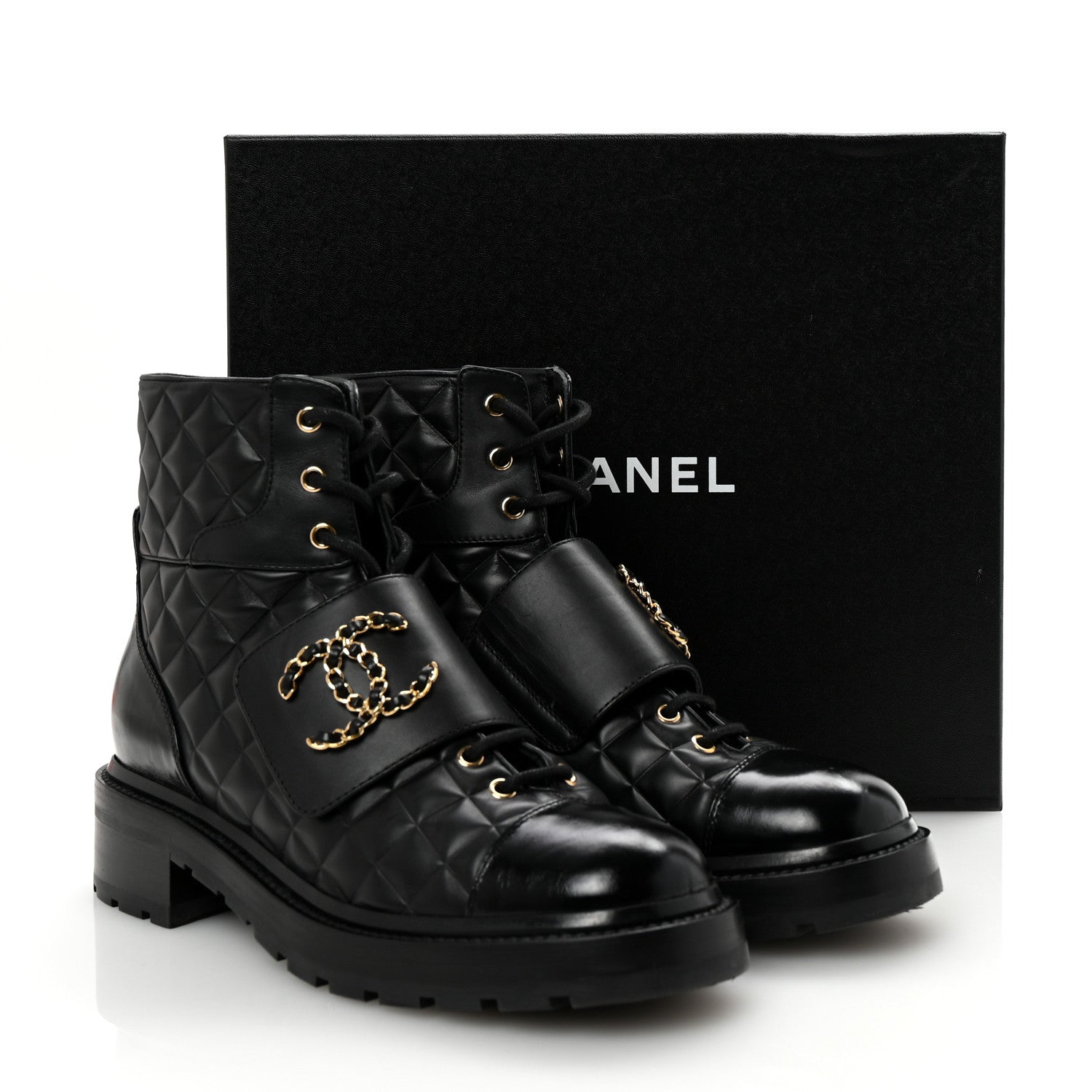 Chanel Shiny Calfskin Quilted Lace Up Combat Boots 40.5 Black 10 of 10