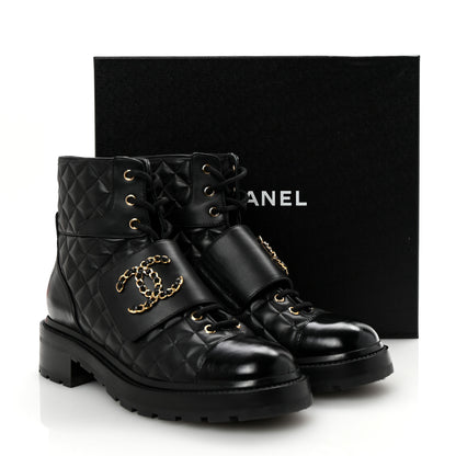 Chanel Shiny Calfskin Quilted Lace Up Combat Boots 40.5 Black 10 of 10