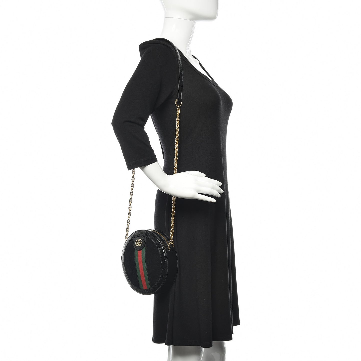 Suede Patent Web Mini Ophidia Round Shoulder Bag Black