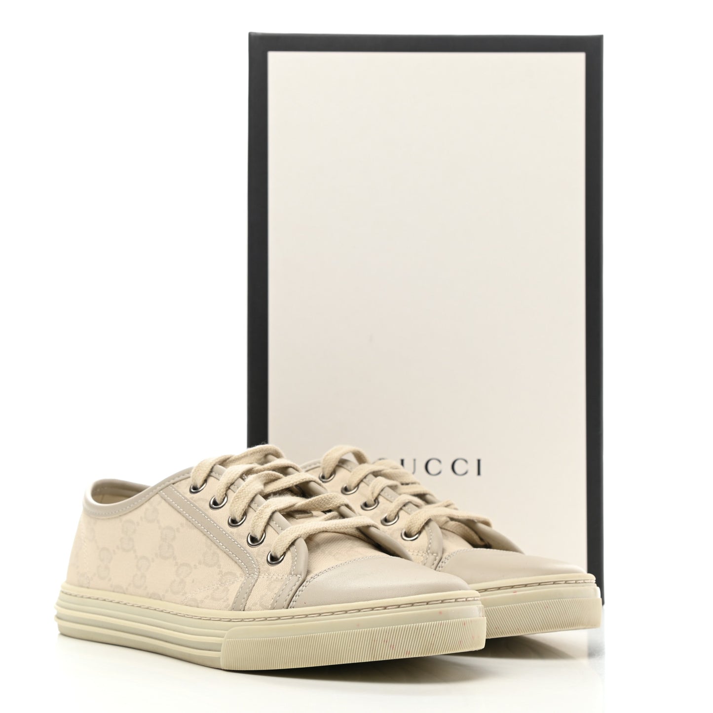 Washed Cotton GG Monogram Calfskin Womens Low Top Sneakers 37 White Mystic White Great White