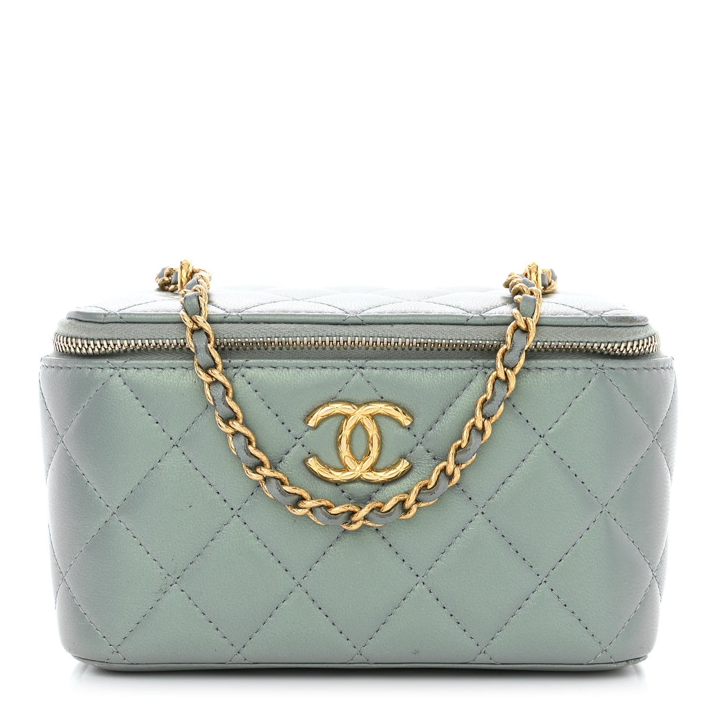 Metallic Lambskin Quilted Small CC Dynasty Vanity Case With Chain Grey
