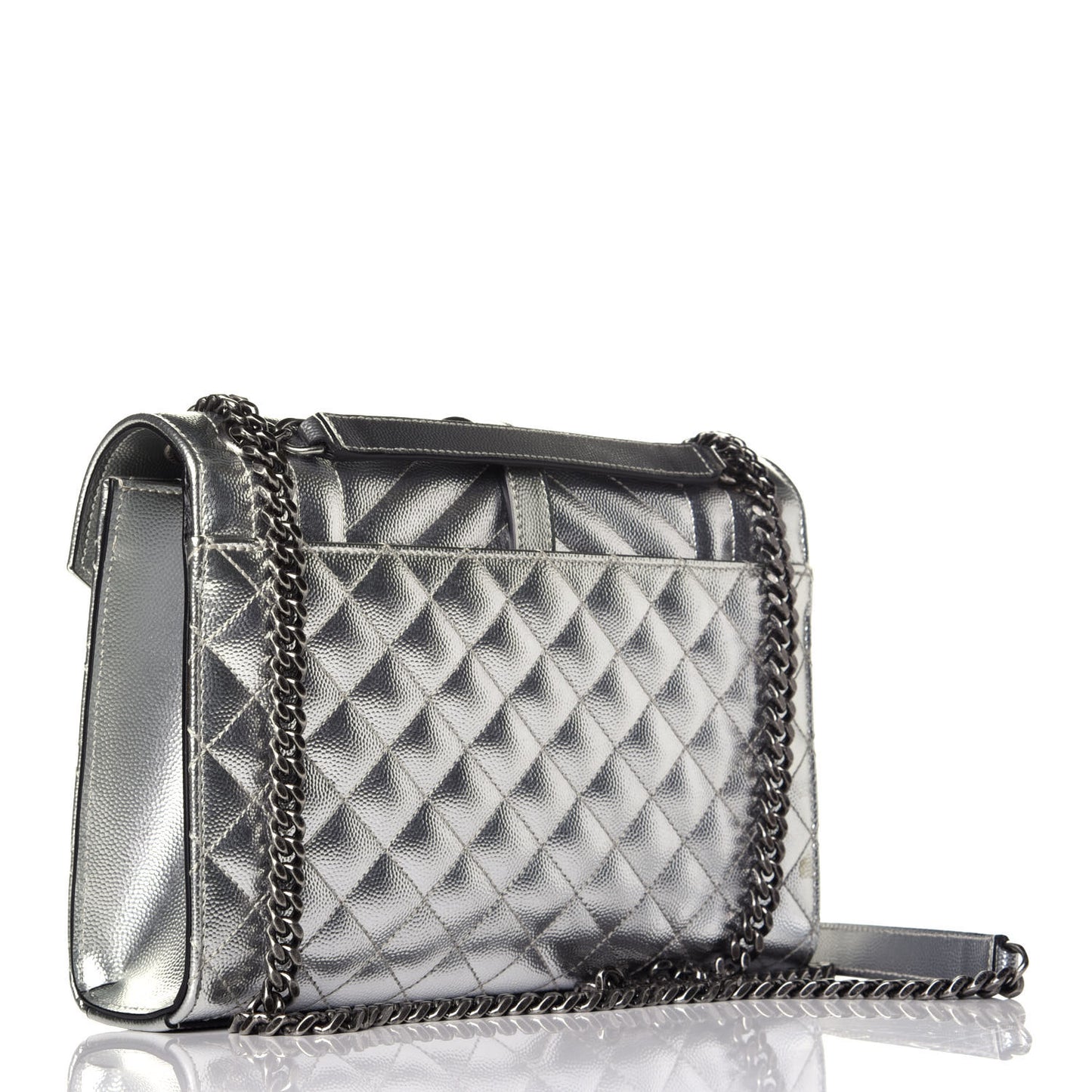 Metallic Grain De Poudre Textured Mixed Matelasse Triquilt Medium Monogram Satchel Silver